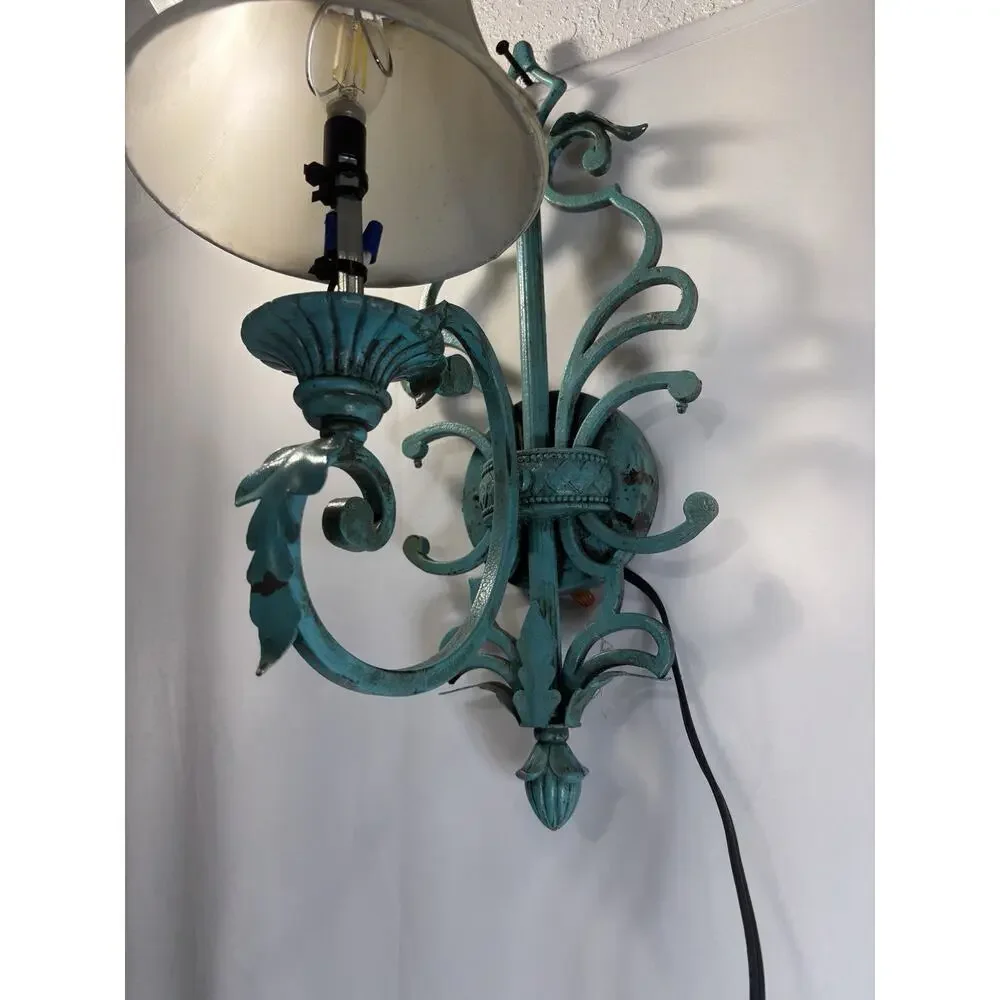 Antique Wall Sconce Custom Painted Turquoise Rewired 19 Tall Teal Blue